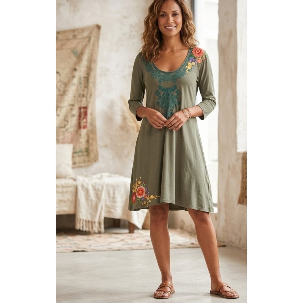 Johnny Was Size Large Cotton Embroidered Tunic Dress Olive Green Boho b6